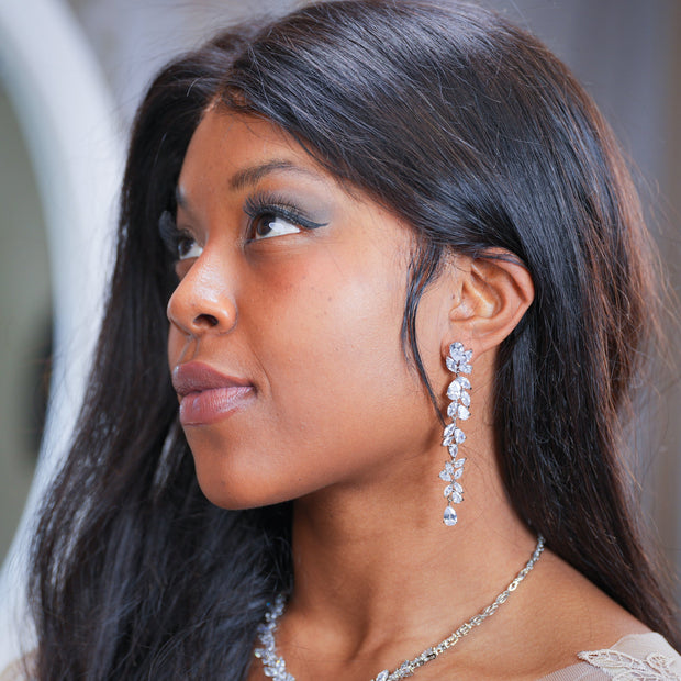 Cynthia - Silver Long Dangle Crystal Earrings