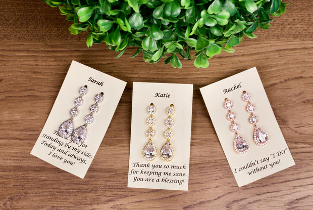 Bridesmaids Gift Personalized Crystal Bridal Earrings Silver Wedding Earrings Rose Gold Wedding Jewelry Crystal Tea drop Earrings Gold.