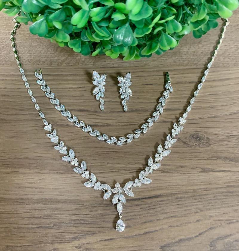 Silver - Necklace + reg brac - Bridal Necklace set 2024 Silver Wedding Jewelry